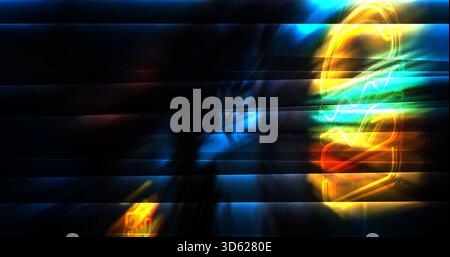 Parallele und überlappende Glasscheiben verzerren die Abbildung eines Hamburger mit Neonstrichen. Kontrastierende Lichter und leuchtende Farben schaffen ein dunkles A Stockfoto