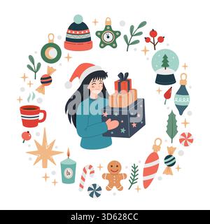 Mädchen mit Weihnachtsmann-Hut, der Geschenke hält, umgeben von weihnachtlichen Dekorationselementen. Weihnachtlicher Rundrahmen, Kopierraum. Weihnachtsdekoration, kreisförmiger Rahmen mit Leckereien, Süßigkeiten, Keksen. Vektor Stock Vektor