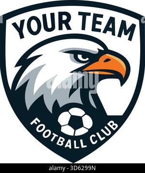 Dieses auffällige Schild-Logo zeigt einen starken Adlerkopf neben einem Fußball, der speziell für einen Fußballverein entwickelt wurde. Das Design enthält Platzhalter für Stock Vektor