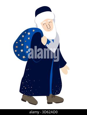 Niedliche Nikolaus-Zeichentrickfigur mit Geschenktüte. St. Nikolaus Tag. Isolierte Darstellung des Vektors der Grußkarte Stock Vektor