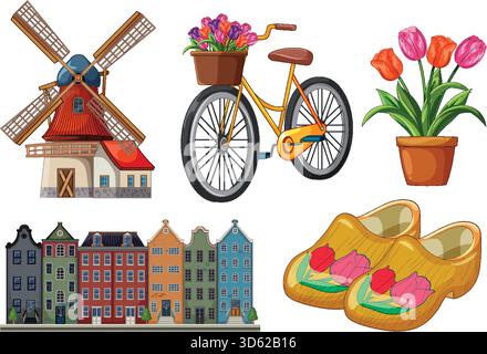 Bunte Vektorillustration der niederländischen Windmühle, Tulpen, Fahrrad, Holzclogs und Kanalhäuser Stock Vektor