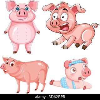 Vier verspielte Cartoon-Schweine im hellen, fröhlichen Vektor-Stil mit auffälligen Linien und skurrilen Posen. Stock Vektor