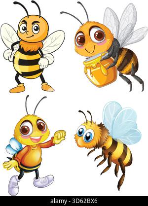 Farbenfroher Vektor von vier verspielten Karikaturbienen mit ausdrucksstarken Gesichtern, eine hält einen Honigtopf. Stock Vektor