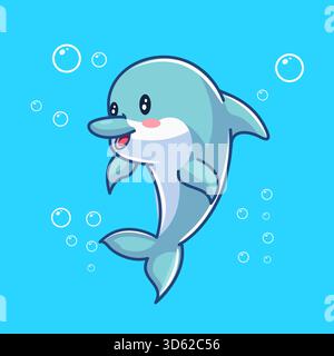Netter Delfin glückliches Schwimmen unter Wasser mit Blasen Vektor Illustration Cartoon Design Stock Vektor