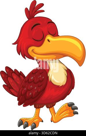 Hellroter Karikaturvogel mit großem gelben Schnabel, geschlossenen Augen, fröhlichem Ausdruck, Vektorstil Stock Vektor