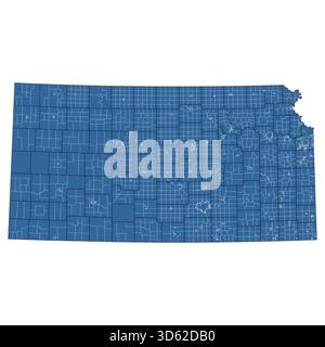 Vektor-Umrisskarte des Bundesstaates Kansas, unterteilt in Countys und Townships Stock Vektor