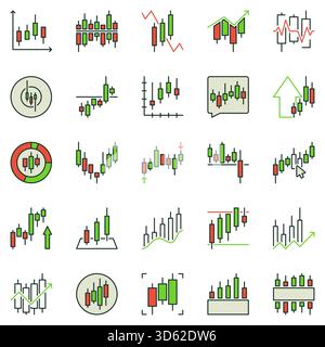 Farbige Symbole für das Trading Candlestick Chart. Symbole für Vektorkonzepte der technischen Analyse oder des Investitionsdiagramms für Händler Stock Vektor
