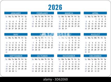 Taschenkalender für 2026. Vektorkalendervorlage für Unternehmen, Blau auf weißem Hintergrund. Stock Vektor