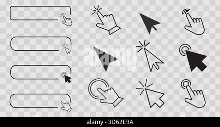 Cursor-Pfeilzeiger, klicken Sie hier Maussymbol laden. Zeiger-Cursor und Ladesymbol. Cursorsymbole klicken auf Set (Festlegen). Touchscreen-Symbol, Zeigerzeichen und Symbol. Vektorabbildung Stock Vektor