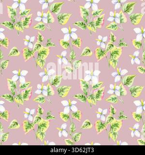 Botanisches nahtloses Muster mit rosafarbenem Hintergrund, Aquarellillustration, handgezeichnet, mit herzförmigen Blättern und Blumen. Perfekt für Textilien, Schreibwaren, Geschenkverpackungen und digitale Papierdesigns Stockfoto