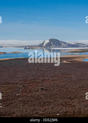 Blick auf den Mývatn-See und die Lavafelder vom Hverfjall-Krater, Island Stockfoto
