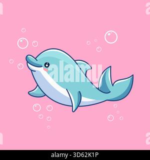 Netter Delfin schwimmt mit Blasen auf einem rosa Hintergrund Vektor-Illustration Cartoon Design Kawaii Stock Vektor