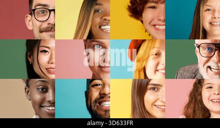 Diverse lächelnde Gesichter in bunter Gittercollage. Stockfoto