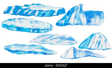 Wasserfarben Eisschollen Set. Hand gezeichneter Aquarellblock von Eis isoliert auf weißem Hintergrund für Nordthema Dekoration, Postkarten, Geschenkpapier, Schrott Stockfoto
