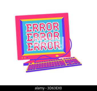 Computerfehler Y2K-Groovy-Aufkleber oder Hippie-Tag. Niedlicher, grooviger Vektor-Sticker im Retro-Stil, Hippie 80er Jahre funky Patch. Vintage 60er Jahre Zeichentricketikett oder lustiges positives Y2K-Tag mit Fehlermeldung auf PC-CRT-Monitor Stock Vektor