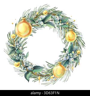 Ein Weihnachtskranz aus Tannenzweigen und Schneebeeren mit goldenen Kugeln, Perlen und Glitzer. Handgezeichnete Aquarellillustration. Gekrümmter Rahmen, Text Stockfoto