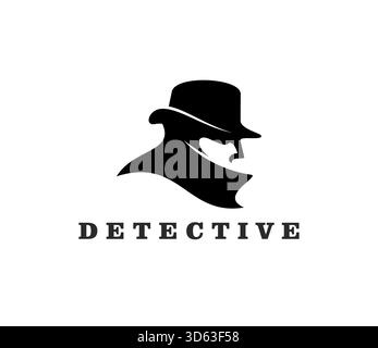 Symbol oder Schild des Detektivs. Privatdetektorzeichen, Sicherheitsbehörde Inspektor-Vektor-Symbol. Polizeiagenten- oder Detektivsymbol mit Mann in Mantel und Hut-Silhouette, Retro-Typografie Stock Vektor