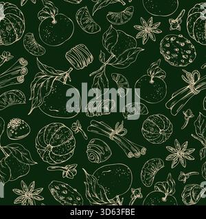 Handgezeichnetes, nahtloses Muster mit Weihnachtsbonbons, Mandarinen, Zimt und Gewürzen. Dieses festliche Grafikdesign eignet sich perfekt als Weihnachtsgeschenk Stock Vektor