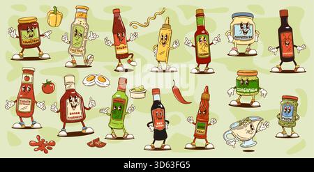 Cartoon-Retro-groovige Soßen-Flaschenfiguren mit niedlichem Hippie-Ketchup, Mayonnaise und Soja-Gewürzen. Vektor groovige Salsa, Guacamole, Senf und Wasabi, bbq, Ranch und Tartar Soßen Charaktere Stock Vektor