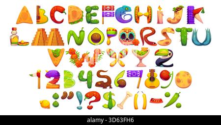 mexikanische Zeichentrickschrift, fiesta-Schrift, Mexiko-Festival-Typ, englische Buchstaben und Zahlen für Feiertage. Vektor mexikanisches Cinco de Mayo und Day of Dead Schriftzeichen mit Pinata, Kakteen, Gitarre, Maracas Stock Vektor