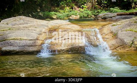 Kleiner Wasserfall, der sich über glatte Granitfelsen in einem lebhaften tropischen Waldstrom erhebt Stockfoto