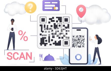 Moderner volumetrischer QR-Code mit Personen, die mit Smartphones scannen, umgeben von Symbolen für Standort, Informationen, Rabatt und Menü, isoliert auf weißem Hintergrund Vektorillustration Stock Vektor
