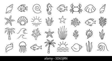 Handgezeichnetes Meeresleben-Kritzelset mit Muscheln, Fischen, Palmen, Wellen, Sonne, und Meereselemente im minimalistischen linearen Stil, isoliert auf weißem Hintergrund Vektorillustration Stock Vektor