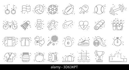 Hand gezeichnete Sportelemente Linie Kritzelsatz mit verschiedenen Fitness-, Fitness-, Fitness- und Aktivitätssymbolen in einem niedlichen Zeichentrickstil, isoliert auf weißem Hintergrund Vektor-Illustration Stock Vektor