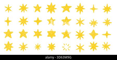 Sammlung von gelben scharfen segmentierten Buntstift-Kritzelsternen in verschiedenen Formen und Größen, mit verspielten handgezeichneten Texturen und einem kindlichen Stil, isoliert auf weißem Hintergrund Vektor-Illustration Stock Vektor