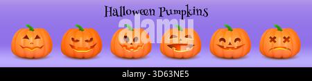 3D-Kürbis. Halloween Lächeln Gesicht, fröhliches gruseliges Licht oder süßes Grafik orange Renderset. Herbstfeiersdekoration geschnitzt bösartiges Gemüse mit Kerzenlicht. Vektor-realistische Jack-o-Laterne-Illustration Stock Vektor