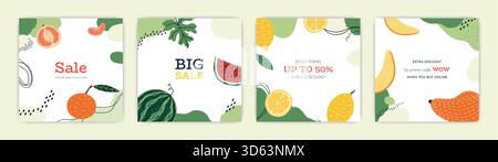 Hintergrund der Früchte. Angebot und Rabatt tropisches Sommerbanner. Abstrakte Vorlage für Post in sozialen Medien, Flyer-Vorlage. Botanischer dekorativer Hintergrund für Sonderangebot Vektor isolierte Kritzelillustration Stock Vektor