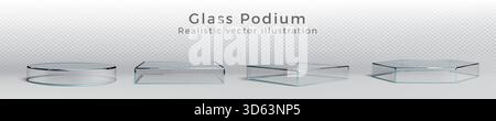 Glaspodium. 3D-Standplattform, Sockel oder Produkttisch, transparenter runder Sockel. Kristalleisanzeige. Klarer Würfelzylinder aus Acryl bildet isolierte Elemente. Minimaler Vektor-Hintergrund für Produkte Stock Vektor