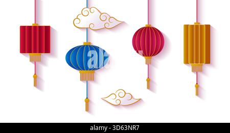 3D chinesische Laternen. Traditionelle asiatische Papierlampen, Weihnachtsdekorationen mit Schatten und goldenen Ornamenten. Japanische Straßenstadt orientalische Festbeleuchtung. Vektor-isolierte Abbildung Stock Vektor