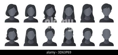 Sammlung von zwölf verschiedenen Damenfrisuren, darunter kurz, lang, wellig, glatt, und Updo-Blicke, dargestellt als Graustufen-Avatare isoliert auf weißem Hintergrund Vektor-Illustration Stock Vektor