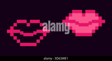 Konturierte und gefüllte pixelige Lippen im trendigen pinkfarbenen Icon-Piktogramm St. Valentinstag minimalistisches Design-Set. Vektor-Illustration Liebe thematisierte Karten Party Einladungen Banner, Faltblatt, Etikett, Tag Stock Vektor