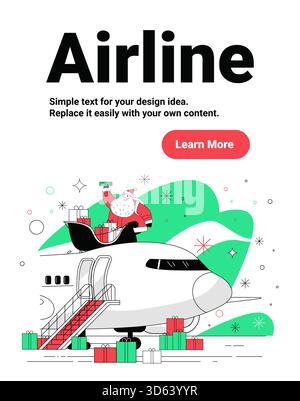 Weihnachtsmann Weihnachten Airline Urlaub Reise Geschenke Flugzeug festliche Szene mit Weihnachtsmann steht auf Jet umgeben von präsentiert grünen abstrakten Hintergrund Stock Vektor