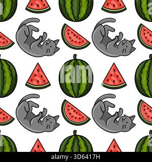 Nahtloses Vektormuster mit verspielten grauen Kätzchen und saftigen Wassermelonenscheiben in einem lebendigen, sommerlichen Design. Stock Vektor