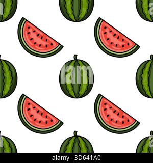 Nahtloses Vektormuster mit stilisierten ganzen Wassermelonen und erfrischenden Wassermelonenscheiben mit leuchtender grüner Rinde und saftigem rosafarbenem Fruchtfleisch, Set Agins Stock Vektor