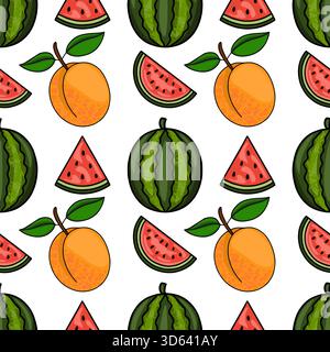 Ein lebendiges und fröhliches nahtloses Vektormuster mit stilisierten Illustrationen von ganzen Wassermelonen, Wassermelonenscheiben und Reifen Aprikosen mit Grün Stock Vektor