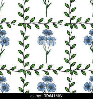 Nahtloses Vektormuster mit zarten blauen Flachsblüten und grünen Blattzweigen auf einem weißen Hintergrund. Stock Vektor