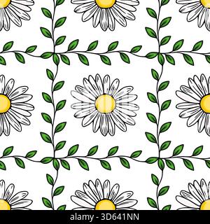 Nahtloses Vektormuster von fröhlichen weißen Gänseblümchen mit hellen gelben Mittelpunkten und zarten grünen Blattzweigen auf einem sauberen weißen Hintergrund, das an ein erinnert Stock Vektor