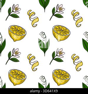 Ein fröhliches Vektormuster mit halbierten Zitronen, zarten Maiglöckchen und gelockter Zitronenschale auf einem sauberen weißen Hintergrund, perfekt für Stock Vektor