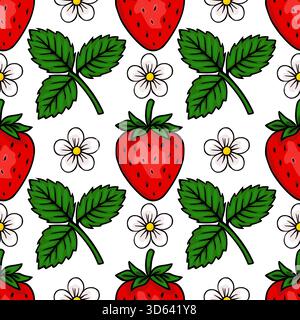 Nahtloses Vektormuster mit leuchtenden roten Erdbeeren mit grünen Blättern und zarten weißen Blüten auf einem sauberen weißen Hintergrund, perfekt für Culin Stock Vektor