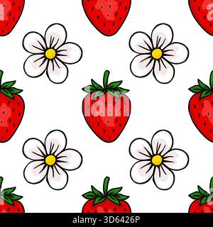 Nahtloses Vektormuster mit hellen roten Erdbeeren und zarten weißen Blumen mit gelben Zentralen auf einem sauberen weißen Hintergrund, das an ein frisches erinnert Stock Vektor
