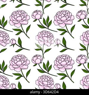 Nahtloses Vektormuster von zarten rosa Pfingstrosen mit grünen Blättern auf weißem Hintergrund, mit einem handgezeichneten illustrativen Stil. Stock Vektor