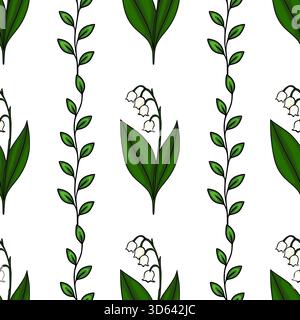 Nahtloses Vektormuster mit zarten Maiglöckchen und einfachen grünen Stielen mit Blättern, vor einem sauberen weißen Hintergrund. Stock Vektor