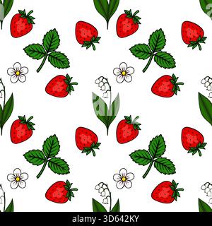 Nahtloses Vektormuster mit leuchtenden roten Erdbeeren, zarten weißen Blüten und eleganten Maiglöckchen der Talzweige inmitten üppiger grüner Blätter. Stock Vektor