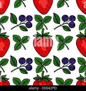 Nahtloses Vektormuster mit leuchtenden roten Erdbeeren und tiefblauen Blaubeeren mit üppigen grünen Blättern auf einem sauberen weißen Hintergrund, perfekt für c Stock Vektor