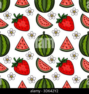 Nahtloses Vektormuster mit verspielten Cartoon-Erdbeeren, Wassermelonenscheiben und zarten weißen Blüten auf einem sauberen weißen Hintergrund, das an ein f erinnert Stock Vektor