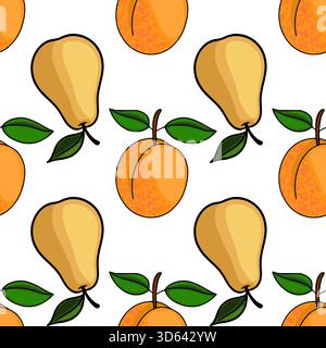 Ein fröhliches, sich wiederholendes Vektormuster aus stilisierten gelben Birnen und orangen Aprikosen mit grünen Blättern, auf einem sauberen weißen Hintergrund, perfekt für Stock Vektor